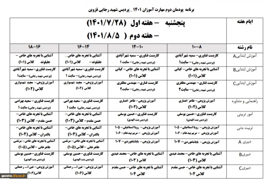 برنامه اجرای کلاسهای پودمان دوم- سری ششم ( هفته اول 