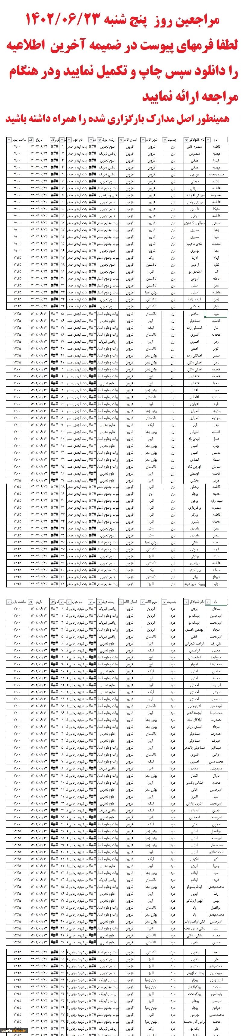 مراجعین پنج شنبه 1402/06/23