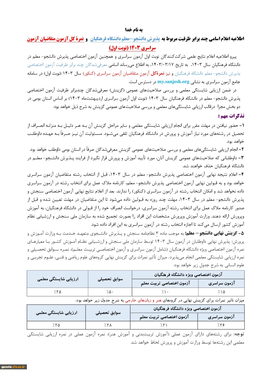 اطلاعیه شماره یک مصاحبه چند برابر ظرفیت داوطلبان کنکور 1403 3